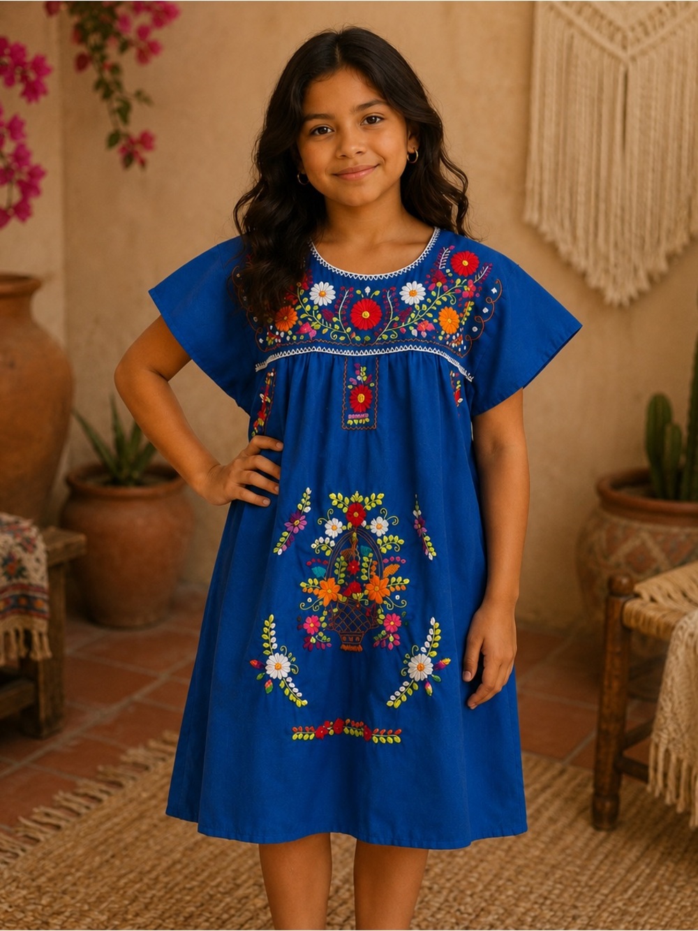 Girls Ethnic Handmade Embroidered Floral Mexican Peasant Dress Sz 10/12
